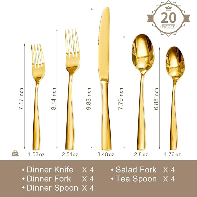 HIKAA Forged Silverware Set Stainless Steel Flatware Set,Service for 4,Matte Satin Polished Cutlery Set,Dishwasher Safe (Gold, 20PCS)