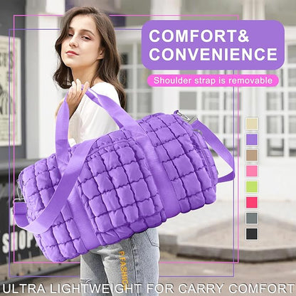 Quilted Travel Duffle Bag Gym Bag for Women,Large Puffer Duffle Weekender Bag with Compartment,Workout Overnight Carry on Organizer Bag Duffle Bag for Airplane Travel(Purple)
