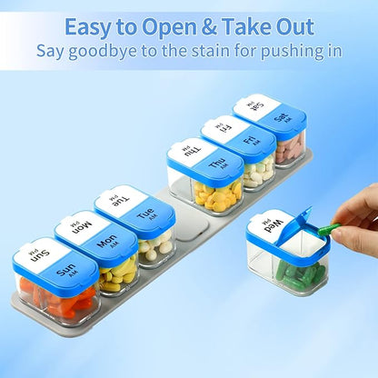 Daviky Large Pill Organizer 2 Times a Day - XL Pill Box 7 Day, Big Vitamin Holder with 7 Detachable AM/PM Compartments, Big Supplement Container for Weekly or Daily Use (Blue)