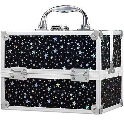 FRENESSA Makeup Train Case 8.85 Inch Portable Makeup Case Organizer Cosmetic Box Make Up Box Makeup Organizer Cosmetic Storage Cases with Locking Nail Kit Organizer Small Travel Case Shiny Star
