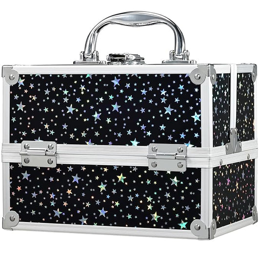 FRENESSA Makeup Train Case 8.85 Inch Portable Makeup Case Organizer Cosmetic Box Make Up Box Makeup Organizer Cosmetic Storage Cases with Locking Nail Kit Organizer Small Travel Case Shiny Star