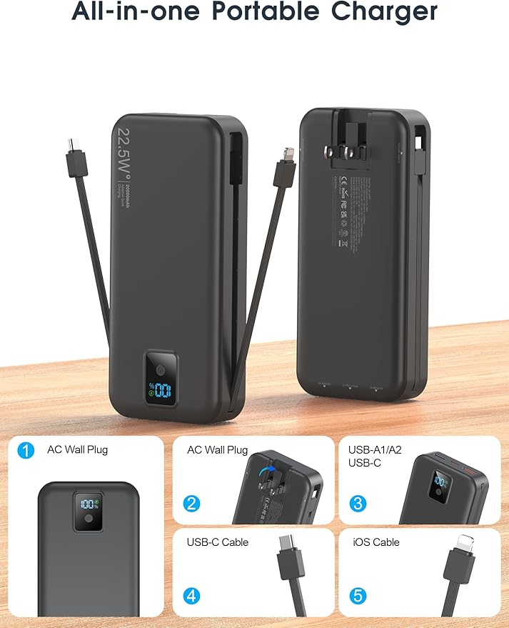 Portable Charger, 20000mAh 22.5W Fast Charging Power Bank with Built-in Cables & Wall Plug, Travel Essentials Battery Pack with LED Display, USB C External Battery Bank for iPhone iPad, Samsung Black
