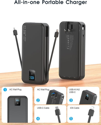 Portable Charger, 20000mAh 22.5W Fast Charging Power Bank with Built-in Cables & Wall Plug, Travel Essentials Battery Pack with LED Display, USB C External Battery Bank for iPhone iPad, Samsung Black