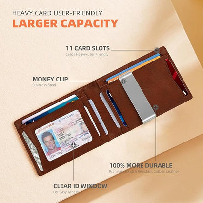 RUNBOX Slim Wallets for Men - Leather Money Clip Mens Wallet - RFID Blocking Front Pocket Bifold Wallet - Thin Credit Card Holder with Gift Box