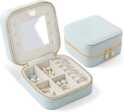 Genuine Leather Travel Jewelry Organizer Case with Mirror for Women, Small Mini Portable Jewelry Box for Ring Earrings Necklace Bracelet Luxury Gift for Women（Light Blue）