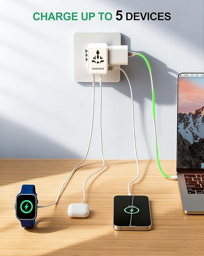 Universal Travel Plug Adapter,5-Port PD&QC Fast Charging Power Adapter(2AC&USB-A&2USB-C),Worldwide Outlet Wall Charger for USA/EU/UK/AUS Over 200 Countries-Type C/A/G/I