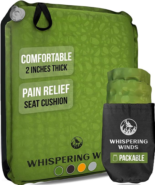 Whispering Winds Inflatable Seat Cushion - Comfortable Blow-up Foam Pad for Airplane, Travel, Stadium, Outdoors, Camping, Car & More