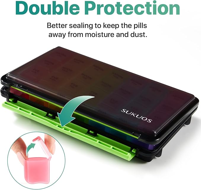 Sukuos Weekly Pill Organizer 7 Day 4 Times a Day, Moisture-Resistant Large Daily Pill Box Medicine Cases for Vitamin/Fish Oil/Supplements (Black)