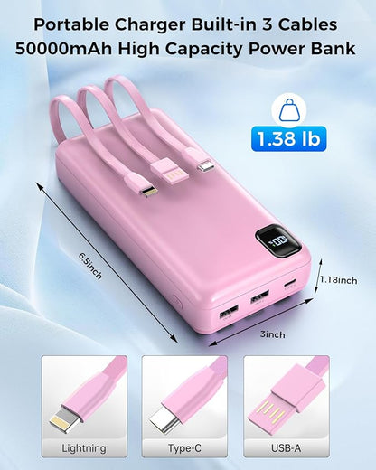 Portable Charger Power Bank 50000mAh Built-in Cables, PD 20W Fast Charging Large Capacity Battery Pack, 5 Output 2 Input LED Display Powerbank Compatible with Phone (Pink)