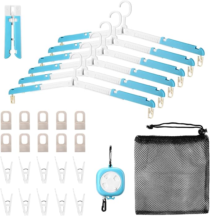 6 Pack Foldable Travel Hangers with Clips & Adjustable Clothesline, Portable Collapsible Hangers with Storage Bag for Suitcase, Hotel, RV, Cruise Essentials Set (Blue)