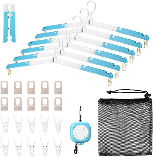 6 Pack Foldable Travel Hangers with Clips & Adjustable Clothesline, Portable Collapsible Hangers with Storage Bag for Suitcase, Hotel, RV, Cruise Essentials Set (Blue)