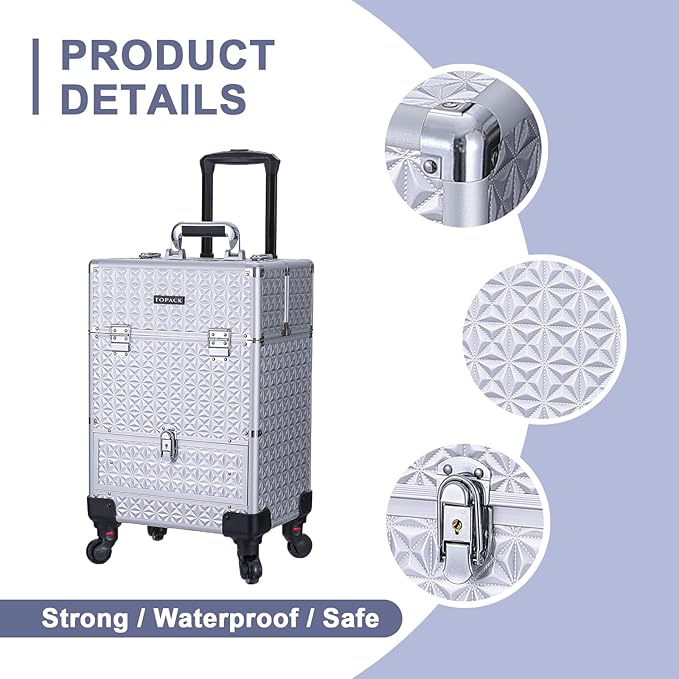 TOPACK Rolling Makeup Case,Professional Cosmetology Case on Wheels,Large Cosmetic Organizer Train Case,Makeup Travel Case with Draws & Swivel wheels Nail Tech Salon Storage Traveling Cart Trunk,Silver