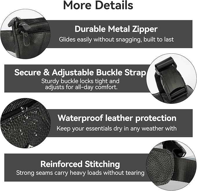 Genuine Leather Fanny Pack For Men and Women Multiple Pockets Waist Bag with Adjustable Strap for Outdoors Workout Traveling Casual Running Hiking Cycling Black Belt Bag