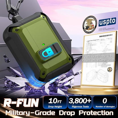 R-fun for AirPods Pro 3 Case (2025) Cover with Cleaning Kit, Military-Grade Heavy-Duty Drop-Resistant with Auto Pop-Up Lid for AirPods Pro 3rd Generation 2025 USB-C Charging Case, Army Green