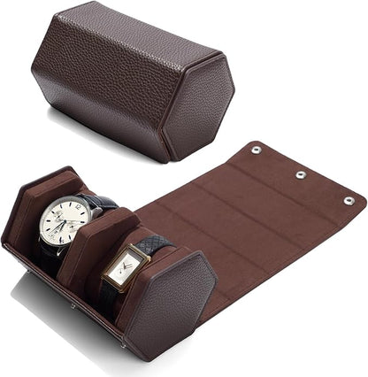 Oirlv Luxury Hexagonal Leather Watch Travel Case Watch Organizer Case for Men Portable Jewelry Storage Roll Organizer(2-Slot,Brown)