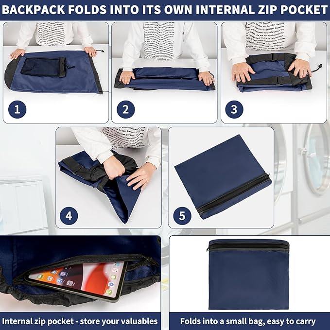 Laundry Bag Backpack with 3 Sizes Mesh Wash Bags and Shoulder Straps Foldable Clothes Hamper Bag with Drawstring Closure for College, Apartment, Laundromat (Dark Blue)