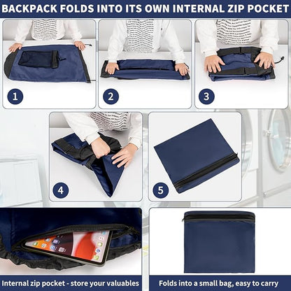 Laundry Bag Backpack with 3 Sizes Mesh Wash Bags and Shoulder Straps Foldable Clothes Hamper Bag with Drawstring Closure for College, Apartment, Laundromat (Dark Blue)