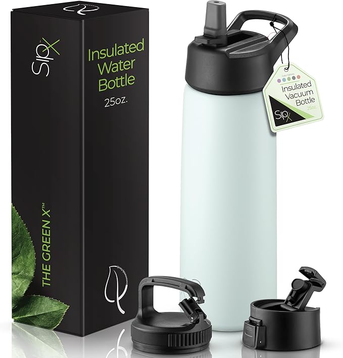SipX™ Triple-Insulated Stainless Steel Water Bottle 25oz. With 3 Lids, BPA-Free Reusable Insulated Water Bottle Keeps Cold 24 Hours, Metal Water Bottle Made Of Sustainable Material For Hiking & Biking