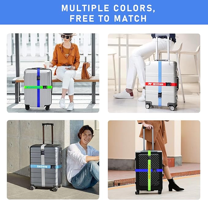 Personalised Luggage Straps with Locks for Suitcases, 1 Pack - Custom Luggage Strap with Name Embroidery, Thick Luggage Belt, Travel Suitcase Identity Straps Stitched, Heavy Duty Lockable Luggage