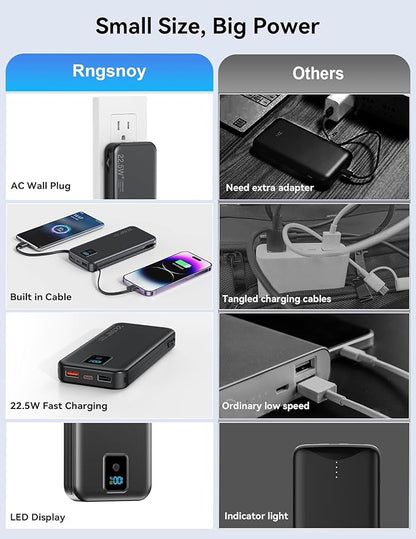 Portable Charger, 12000mAh 22.5W Fast Charging Power Bank with Built-in Cables & Wall Plug, Travel Essentials Battery Pack with LED Display, USB C External Battery Bank for iPhone iPad, Samsung Black