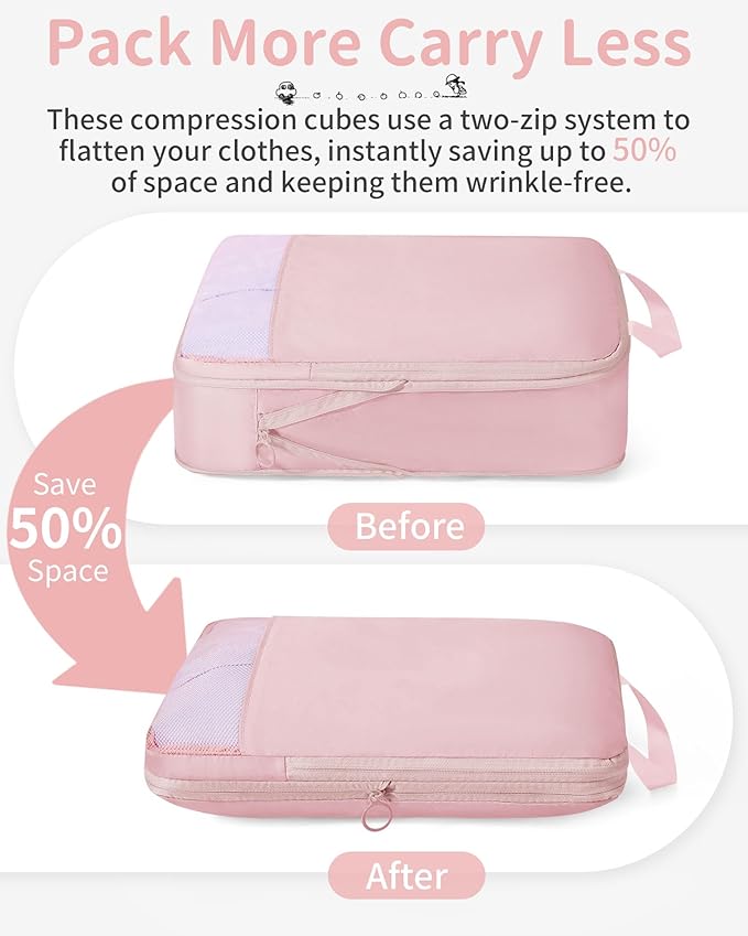 Compression Packing Cubes - 11 Set Suitcase Organizers, Expandable Packing Cubes, Pink Travel Essentials