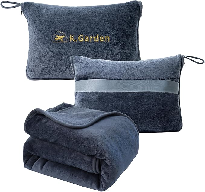 K.Garden Travel Cooling Blanket and Pillow- Soft 2 in 1 Airplane Compact Flight Essentials Car Pillow Travelers Gifts Accessories Compact Pack Blanket for Any Travel with Luggage Backpack Strap Grey