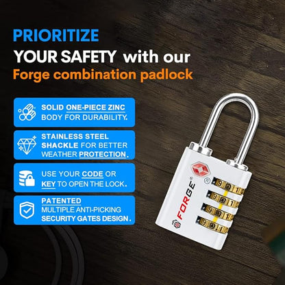 Forge Dual-Opening: Key or Combination Access Lock, TSA Approved Locks for Luggage, Pelican case, Travel, Gym, School, Stainless Steel Shackle. (White, 2 Pk)