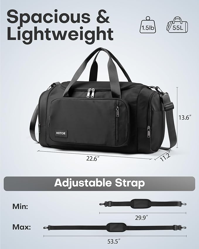 HOTOR Gym Bags for Men & Women - Spacious Duffle Bag with Shoe Compartment & Wet Pocket, Carry On Weekender Bag Portable Sports Duffel Bag for Workout, Fitness, Travel, Black, 22.6" x 11.2" x 13.6"