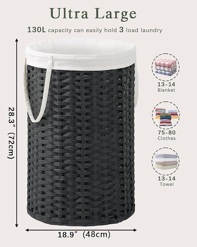 34.3 Gal (130 L) Large Laundry Hamper Laundry Basket Round Handwoven Wicker Laundry Baskets Rattan Laundry Basket with Removable Bag Handles 2 Mesh Bags for Living Room Bedroom Black