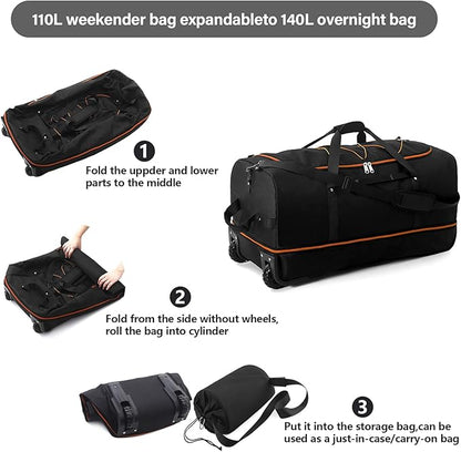Vomgomfom 32" Soft-Sided Foldable Wheeled Travel Duffel Bag,Expandable 110L to 140L Rolling Cargo Bag with 2 Wheels and Multiple Pockets,Black-orange