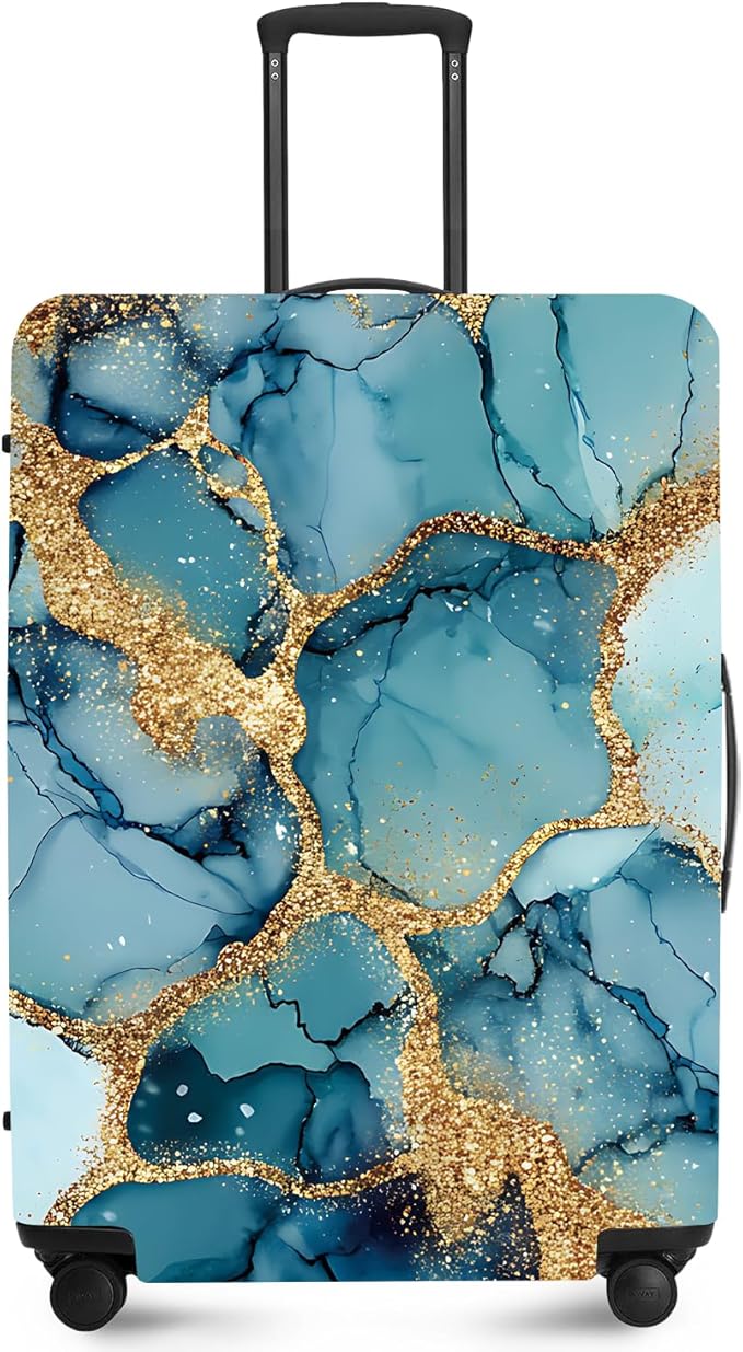 FOREVER QUEEN Luxury Light Blue Gold Marble Luggage Cover Suitcase Protector Suitcase Cover Anti-Scratch,Stretchable Bag Cover Washable Durable Polyester