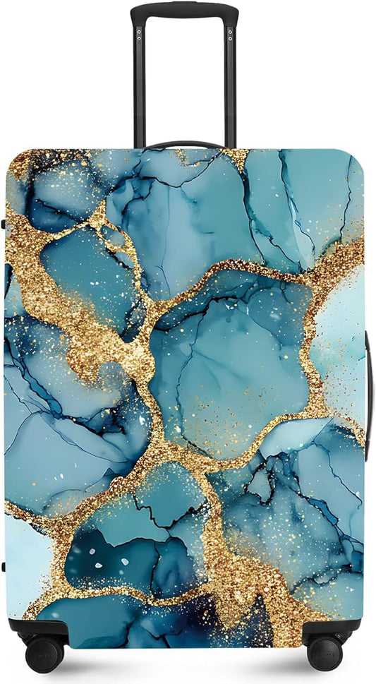 FOREVER QUEEN Luxury Light Blue Gold Marble Luggage Cover Suitcase Protector Suitcase Cover Anti-Scratch,Stretchable Bag Cover Washable Durable Polyester