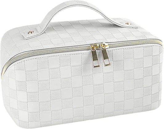 Cosmetic Bag,Travel Makeup Bag, Large Capacity Cosmetic Bags for Women, Waterproof Portable Open Flat Toiletry Bags,Makeup Organizer Bag with Divider and Handle, Cosmetic Pouch Gifts for Women (White)