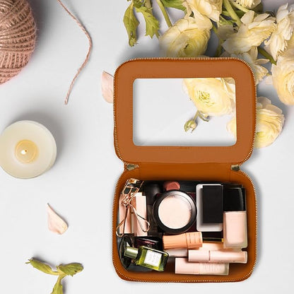 Prite Clear Makeup Bag Cosmetic Organizer Case Waterproof Travel Toiletry Bag Skincare Pouch with Golden Zipper(Brown)