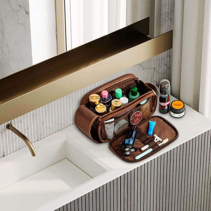 Elviros Travel Toiletry Bag for Men, Shaving Dopp Kit Water-resistant Bathroom Small Toiletries Organizer PU Leather Cosmetic Bags