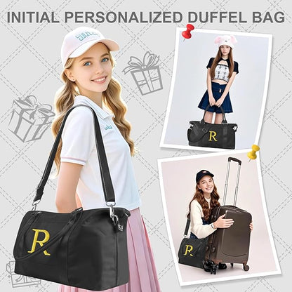 Personalized Initial Gym Dance Bag, Travel Duffel Bag for Teen Girls, Carry On Bag Overnight Weekender Bag with Trolley Sleeve, Birthday Gifts for Women Mom Daughter Graduation Gift(Letter R, Black)