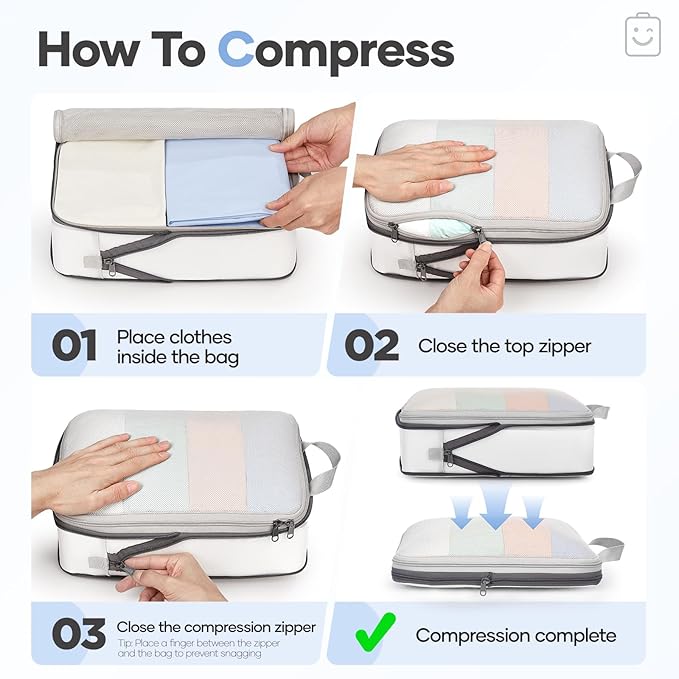 Veken 11 Set Compression Packing Cubes for Travel Essentials,Compressible Expandable Large Luggage Suitcase Organizer Bags for Clothing,Durable Space Saver Storage Bags with Toiletry Bags(White)