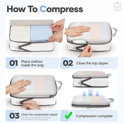 Veken 11 Set Compression Packing Cubes for Travel Essentials,Compressible Expandable Large Luggage Suitcase Organizer Bags for Clothing,Durable Space Saver Storage Bags with Toiletry Bags(White)