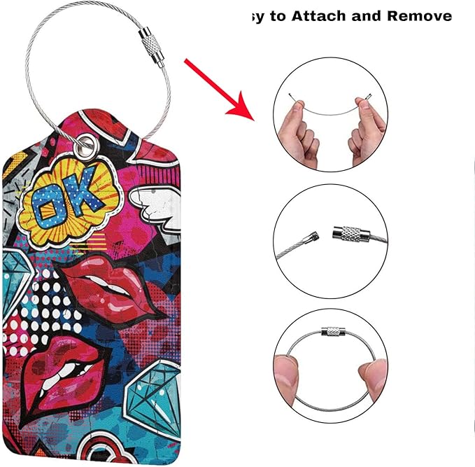 2 Pack Funny Luggage Tags with Red Lips Pattern for Suitcases, Colorful PU Leather Luggage Tag Accessories Privacy Cover ID Label with Stainless Steel Loop for Travel Bag for Women Girls Teens
