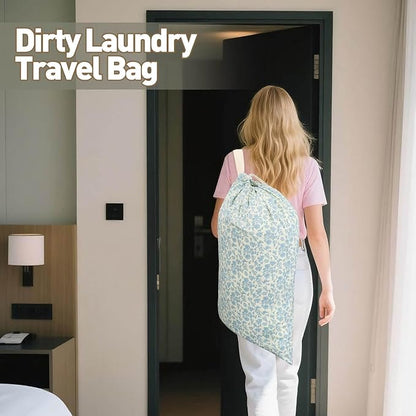 College Laundry Bag, Dirty Clothes Laundry Bag With Drawstring Handles For College Dorm Laundromat Apartment Travel Camp 29" X 18" Women Girls Back To School Birthdays Gift, Blue Florals