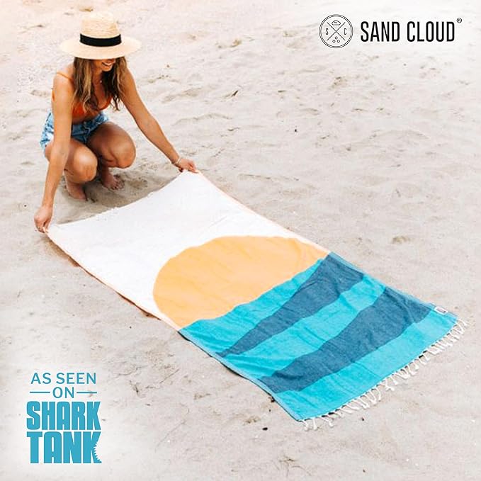 Sand Cloud Turkish Beach Towel - 100% Organic Cotton Turkish Bath Towels - Ultra Soft, Sand Free & Quick Dry Towel for Beach, Pool, or Picnic - As Seen on Shark Tank - Boho Geo Sunset