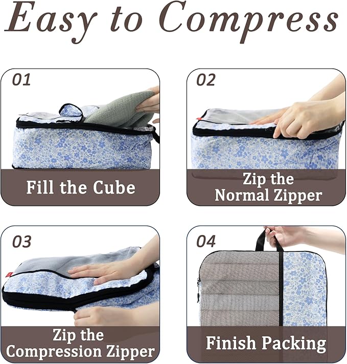 U+U 10 Set Compression Packing Cubes - Ultralight Travel Organizers with Laundry Bag and Cosmetic Bag, Space-Saving Suitcase Organizer for Travel, Business Trip and Family Vacation (Blue Flower)