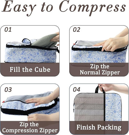 U+U 10 Set Compression Packing Cubes - Ultralight Travel Organizers with Laundry Bag and Cosmetic Bag, Space-Saving Suitcase Organizer for Travel, Business Trip and Family Vacation (Blue Flower)