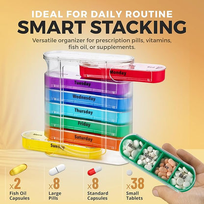 MEDca Weekly Pill Organizer, Four Times-a-Day, 1 Dispenser with Stackable AM/PM Compartments