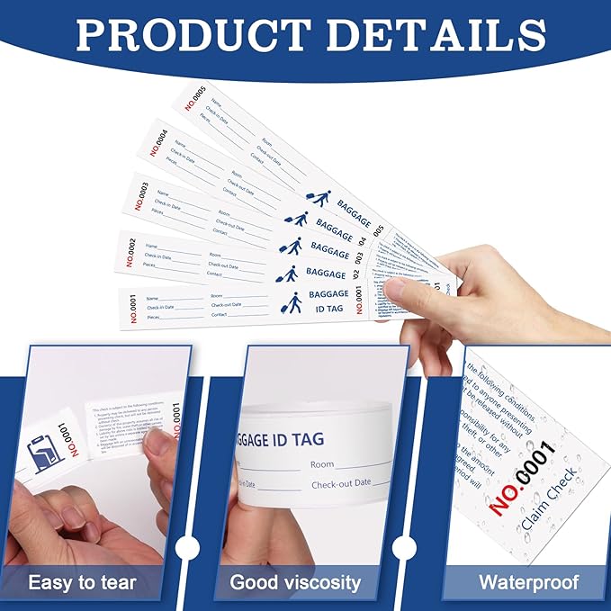 1000 Tags Paper Luggage Tags for Hotels Baggage Claim Check Tags with Transfer Tape Serial Numbering Paper Luggage Tags Hotel Luggage Claim Tag Claim Ticket for Suitcase Motel Bag Storage (White)