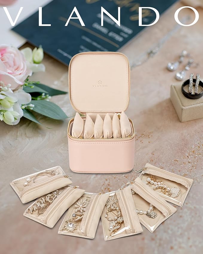 Vlando Travel Jewelry Organizer,Jewelry Travel Case with 6 Velvet Zipper Jewelry Bags Gift Ideas for Birthday Wedding Graduation-Tan