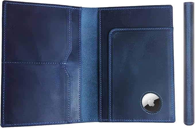 STAR VISTA Albatross Leather Travel Passport Holder, Minimalist Design, Full Grain Leather Case for Women and Men - Slim Passport Wallet, Bifold, RFID Blocking, with AirTag Holder, Navy Blue