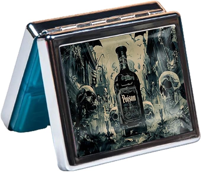 7 Days Chromed Shiny Silver Pill Organizer with Mirror Inside Has 8 Separate Compartments Rectangle,Versatile Storage for Medication - Ideal Travel Accessory (Surrounding Skeleton)