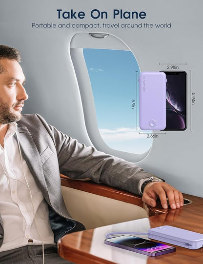 22.5W Super Fast Charging Portable Charger with Wall Plug,12000mAh USB-C Power Bank Built-in 2 Cable, Lightweight Phone Charger Travel Battery Pack for all iPhone, Samsung, Tablets