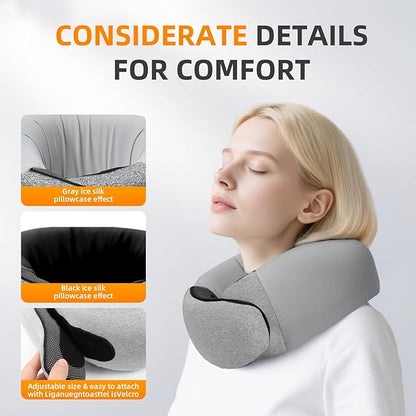 Travel Neck Pillows for Airplanes, Premium 100% Memory Foam Neck Pillow with Alternative Cooling Ice Silk Cover - Upgrade Liner Enables Easy Pillowcase Cleaning, Travel Pillow Fits Plane, Car, Train